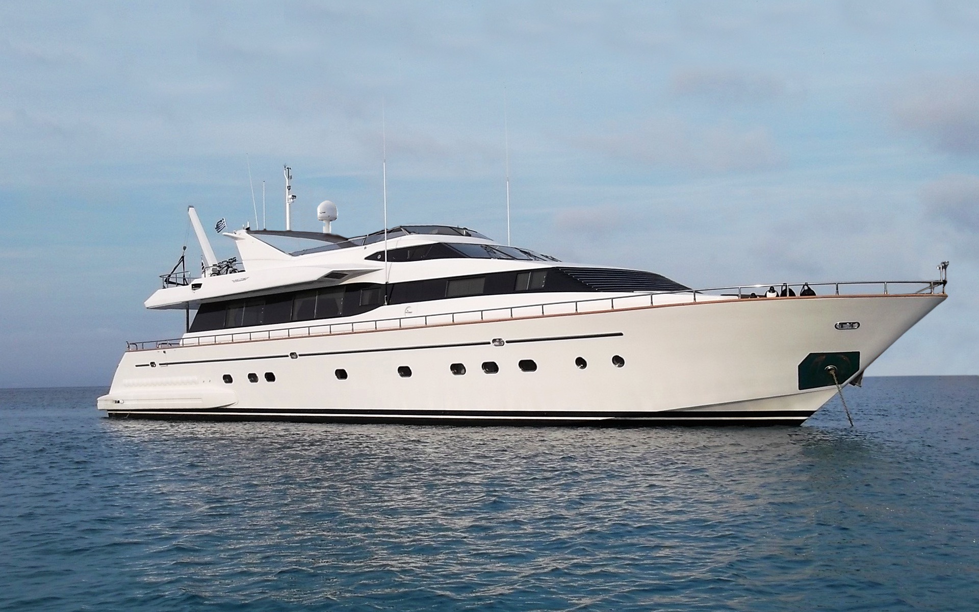 L.O.A. 100ft
Year of built 2002 by Falcon. Refit 2016
Accommodates 10-12 guests in 5 cabins (one Master, one VIP, one double, one twin cabin with a pullman berth, one twin cabin convertible to double with a pullman berth, all with en-suite facilities)
Cruising speed 22 knots 
Crew of 6
Engine fuel consumption 580ltrs/hour, generators 200ltrs/day.