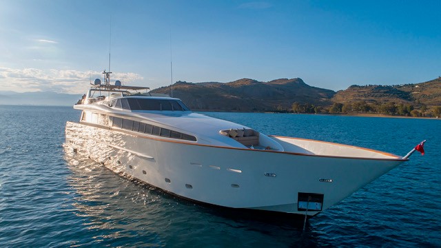 L.O.A. 121’5’’ft
Year of built 2006. Refit 2019
Accommodates 12 guests in 5 cabins (one Master, one VIP, one double and two twin cabins with extra pullman beds, all with en-suite facilities)
Cruising speed 14 knots
Crew of 7
Engine fuel consumption 500ltrs/hour.